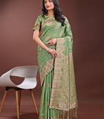 light green color woven work linen cotton saree