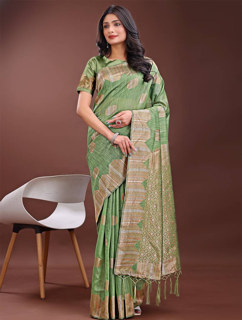 light green color woven work linen cotton saree