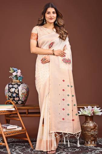 cream color woven work linen cotton saree