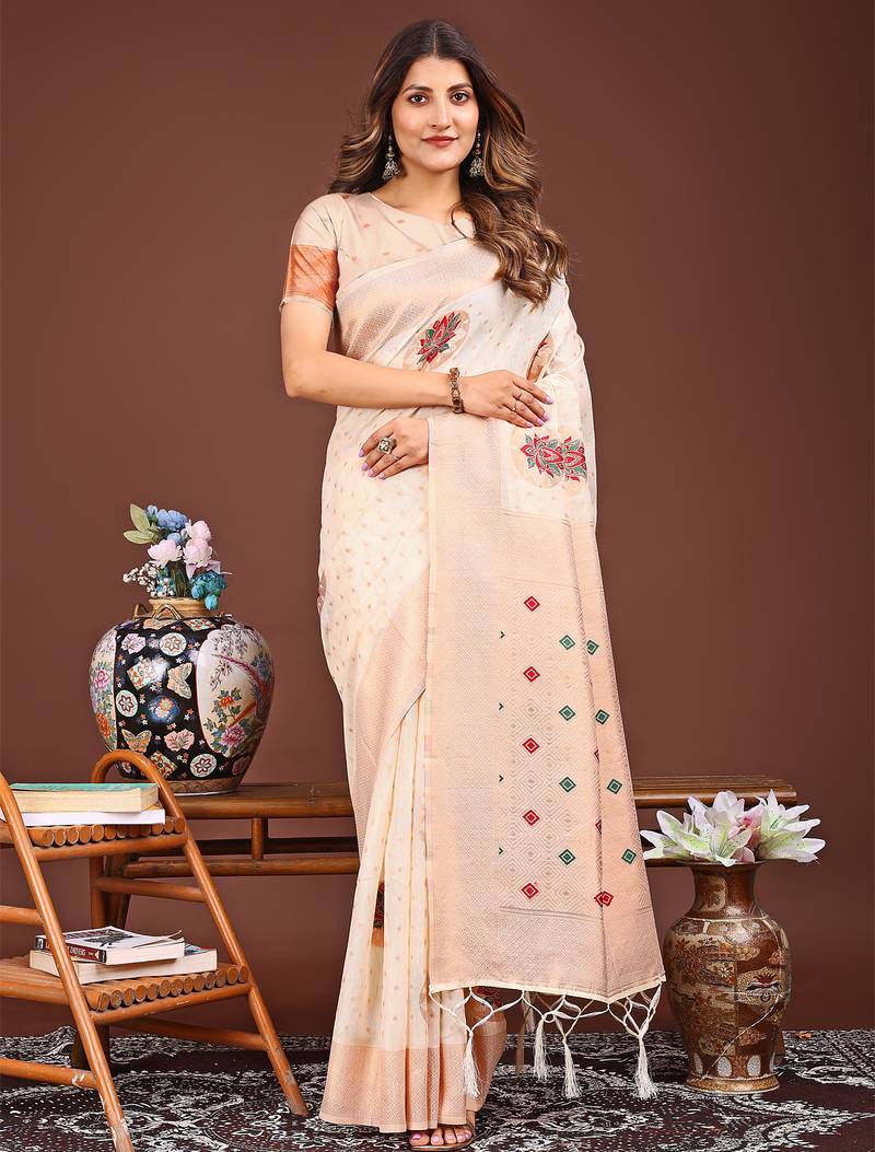 cream color woven work linen cotton saree