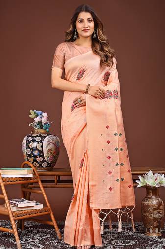 peach color woven work linen cotton saree