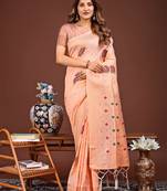 peach color woven work linen cotton saree