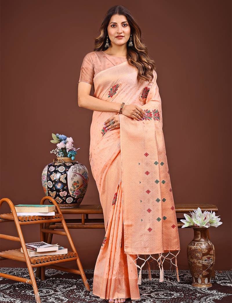 peach color woven work linen cotton saree