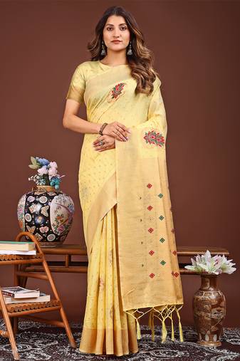 yellow color woven work linen cotton saree