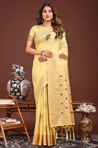yellow color woven work linen cotton saree
