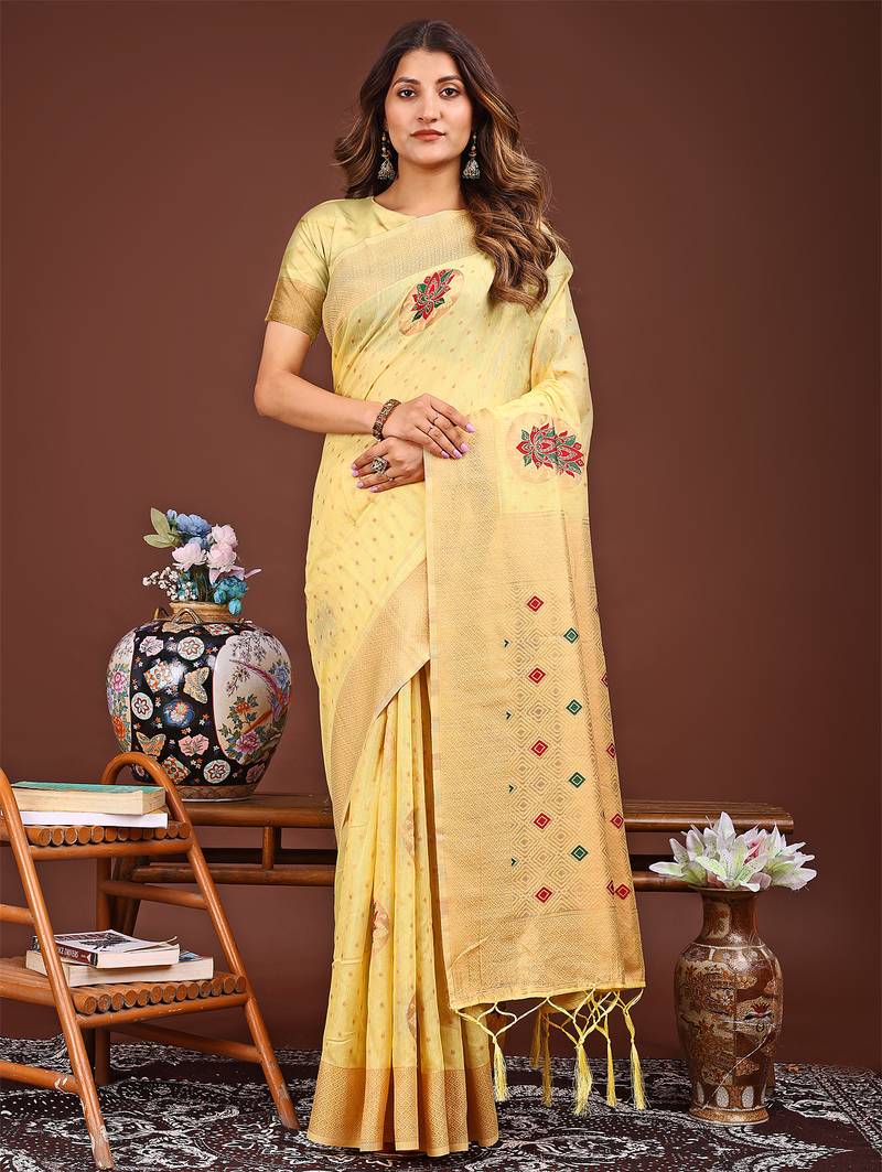yellow color woven work linen cotton saree