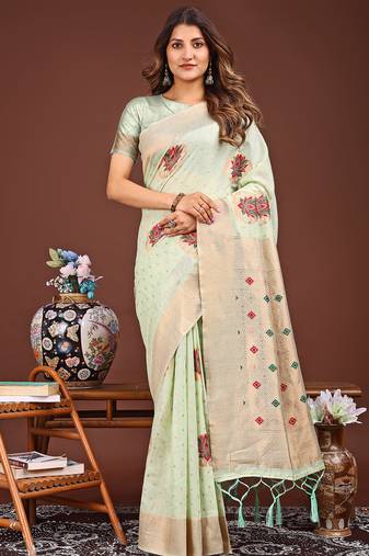 light green color woven work linen cotton saree