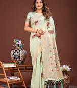 light green color woven work linen cotton saree