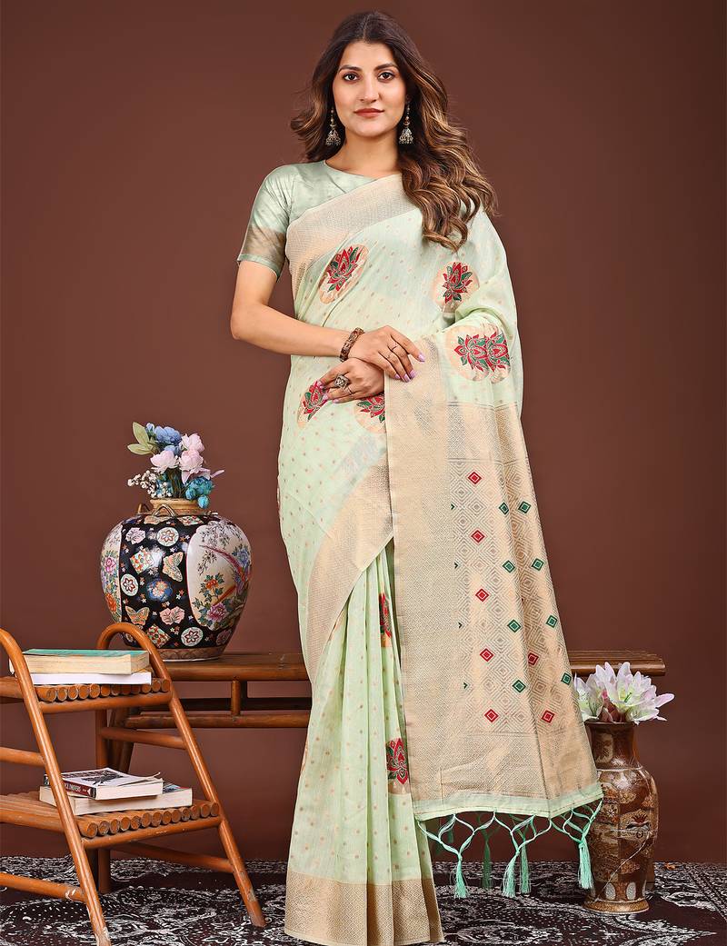 light green color woven work linen cotton saree