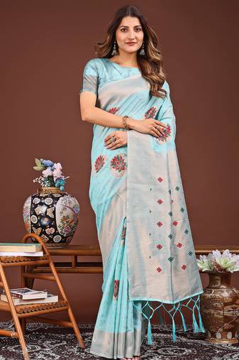 sky blue color woven work linen cotton saree