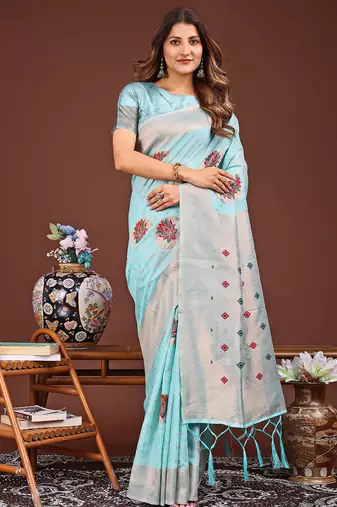 sky blue color woven work linen cotton saree