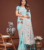 sky blue color woven work linen cotton saree