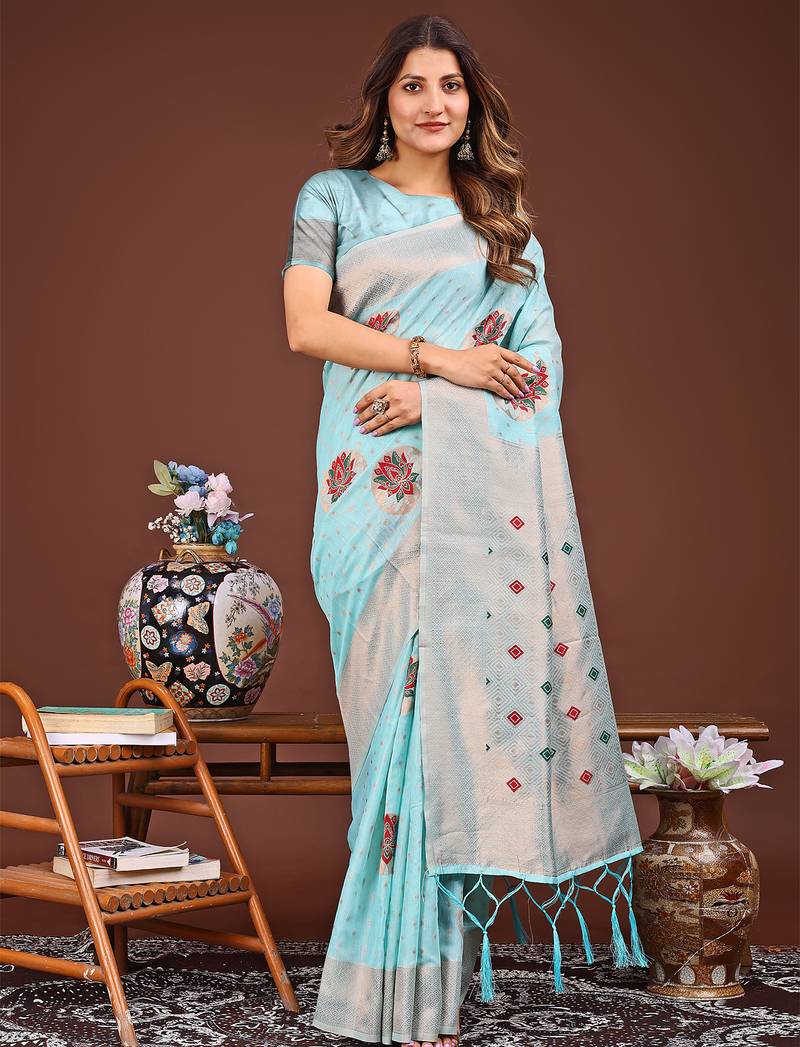 sky blue color woven work linen cotton saree