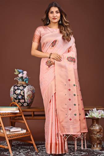 pink color woven work linen cotton saree
