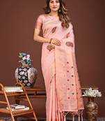 pink color woven work linen cotton saree