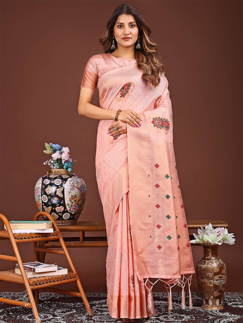 pink color woven work linen cotton saree