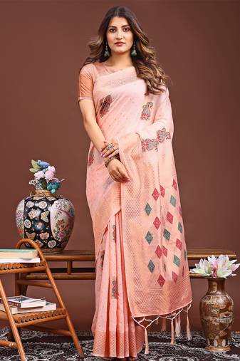 peach color woven work linen cotton saree