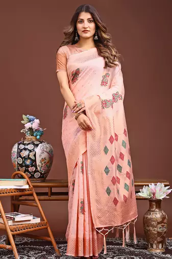 peach color woven work linen cotton saree