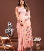 peach color woven work linen cotton saree