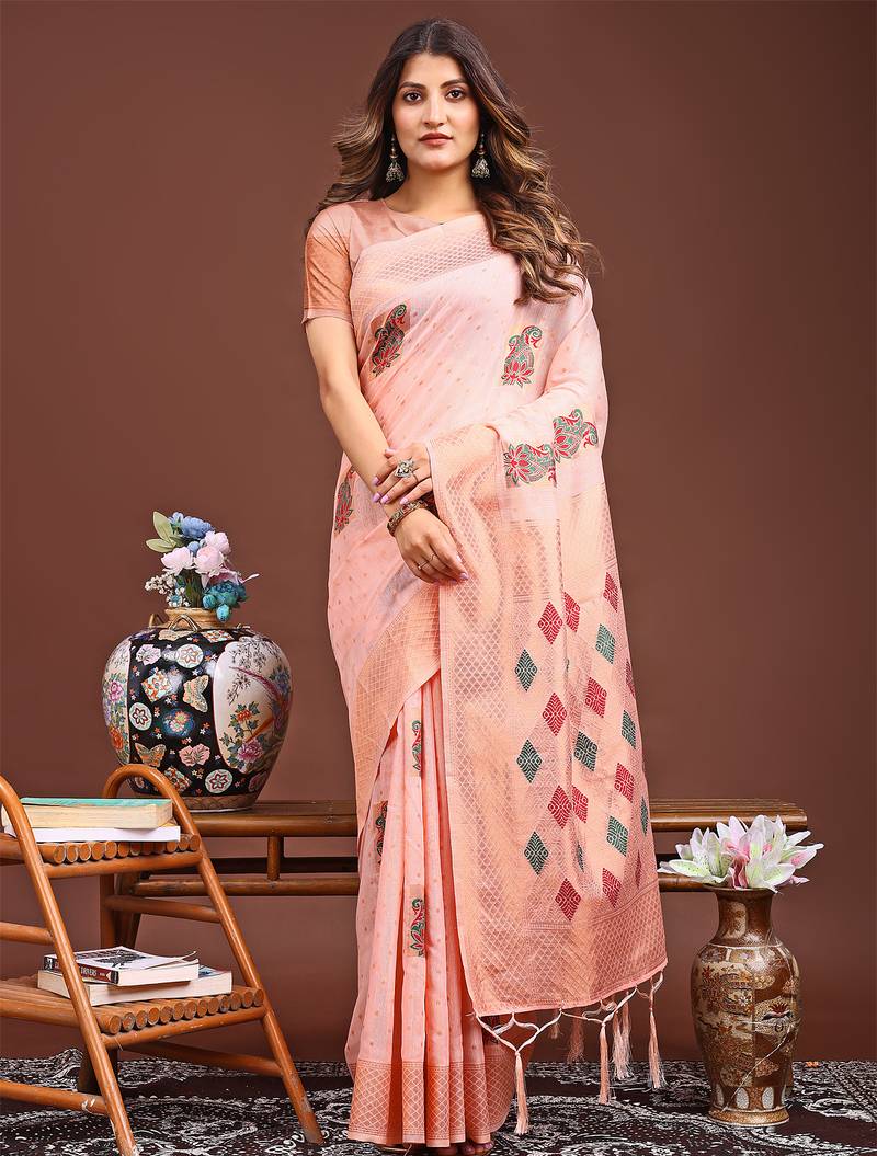 peach color woven work linen cotton saree