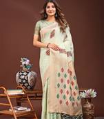 light green color woven work linen cotton saree