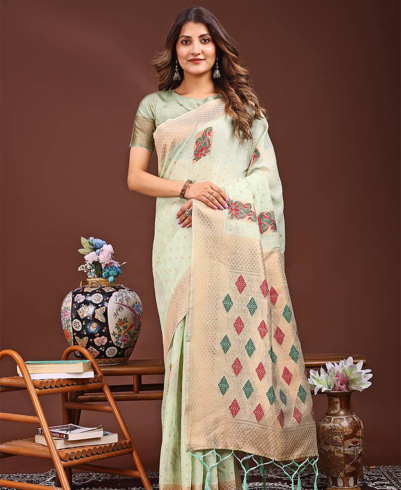light green color woven work linen cotton saree