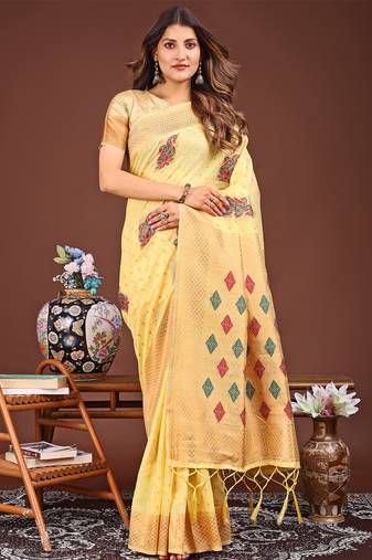 yellow color woven work linen cotton saree