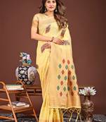 yellow color woven work linen cotton saree