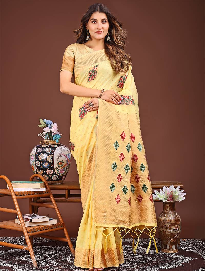 yellow color woven work linen cotton saree