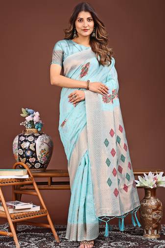 skyblue color woven work linen cotton saree