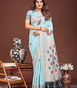 skyblue color woven work linen cotton saree