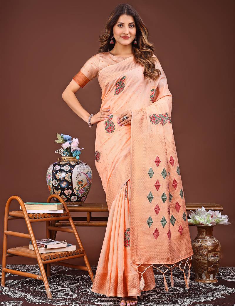 orange color woven work linen cotton saree