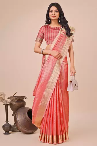 orange color stripe solid work orgenza saree