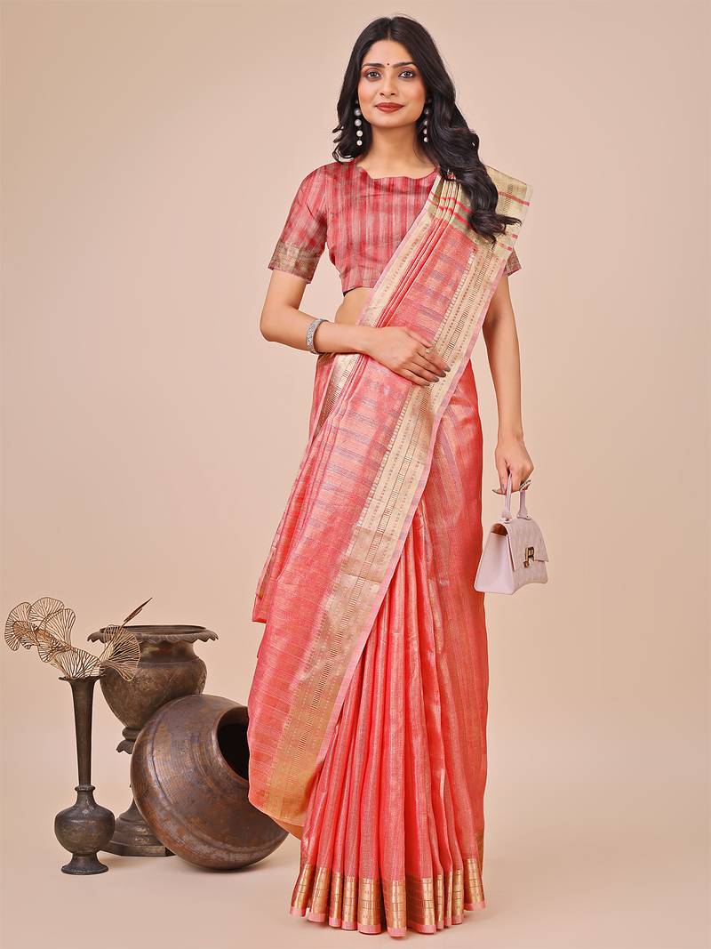 orange color stripe solid work orgenza saree
