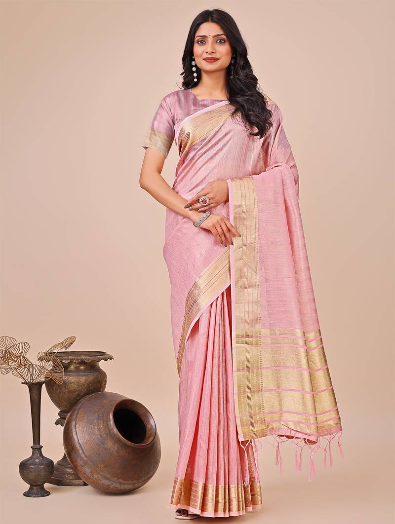 peach color stripe solid work orgenza saree