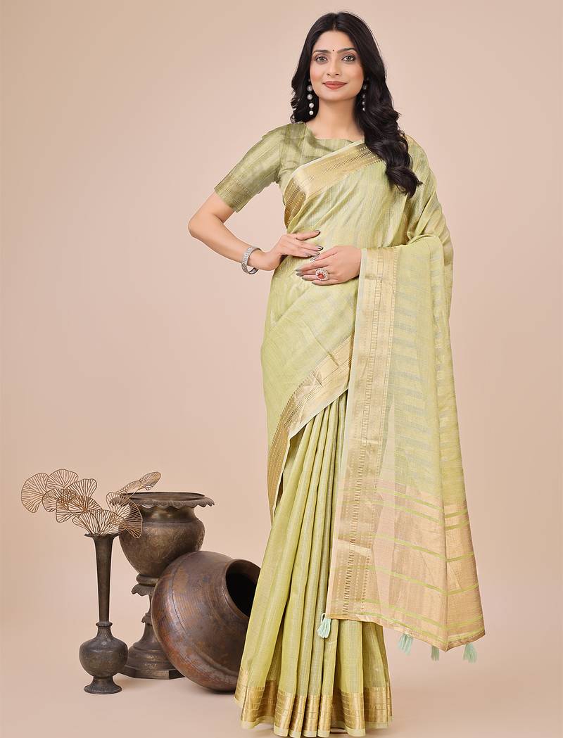 light green color stripe solid work orgenza saree