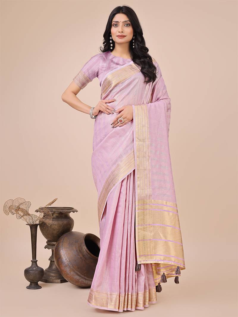 light pink color stripe solid work orgenza saree