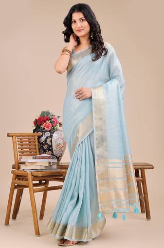 sky blue color stripe solid work orgenza saree