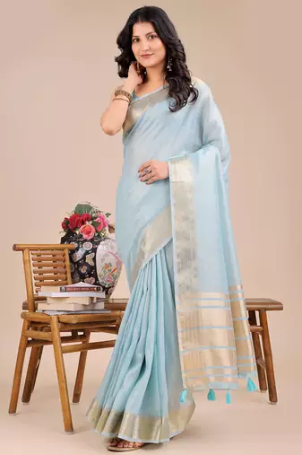 sky blue color stripe solid work orgenza saree