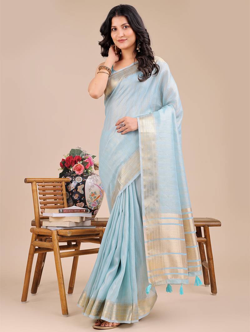 sky blue color stripe solid work orgenza saree