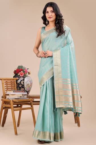 sea green color stripe solid work orgenza saree