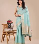 sea green color stripe solid work orgenza saree