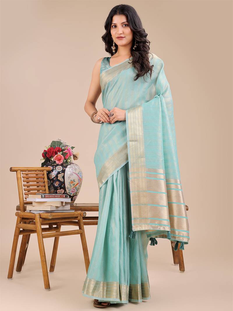 sea green color stripe solid work orgenza saree