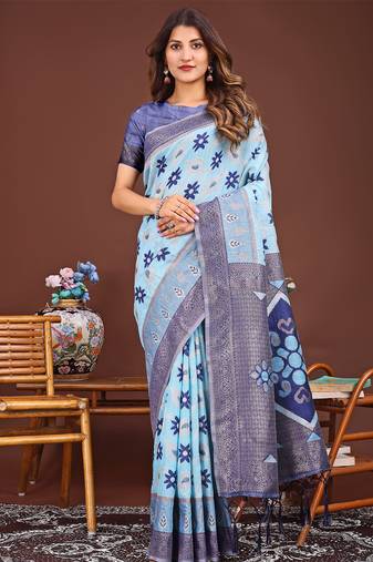 skyblue color woven work linen cotton saree