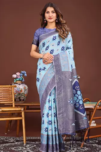 skyblue color woven work linen cotton saree
