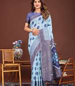skyblue color woven work linen cotton saree