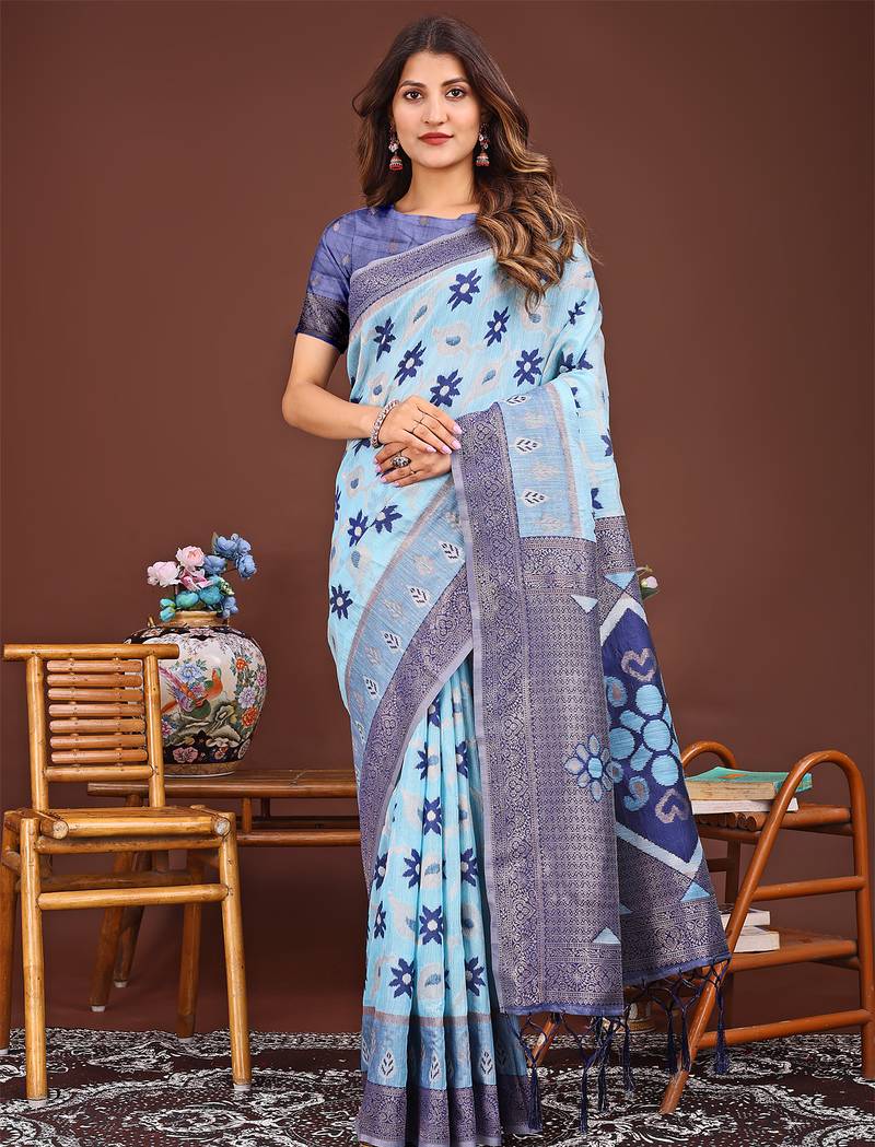 skyblue color woven work linen cotton saree
