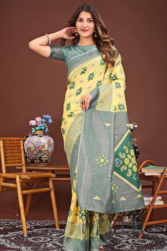 yellow color woven work linen cotton saree