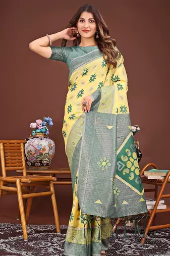 yellow color woven work linen cotton saree