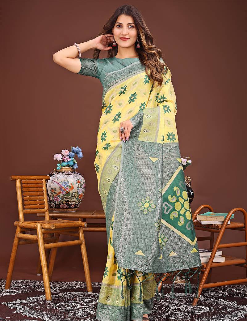 yellow color woven work linen cotton saree